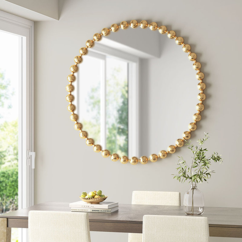 Beaded Round Wall Mirror 36"D, Gold