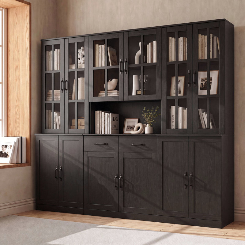 71" H X 78.8" W Bookcase Cabinet With Glass Doors And Large Storage Drawers(2D+E), Black