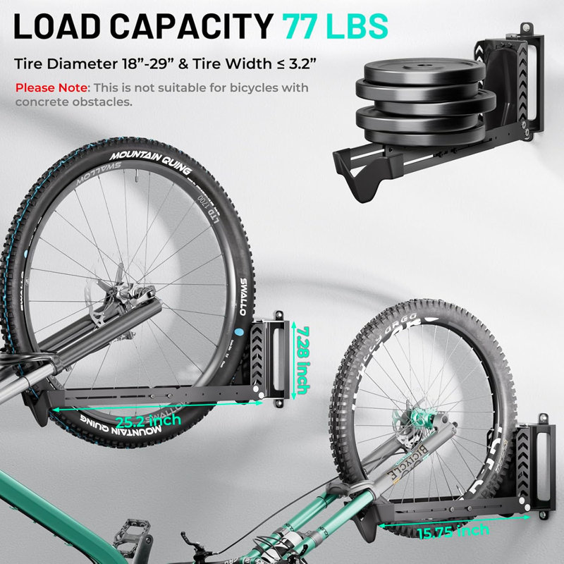 Ensemble de 2 supports muraux pivotants pour porte-vélos pivotants, porte-vélos pour le garage, porte-vélos vertical peu encombrant