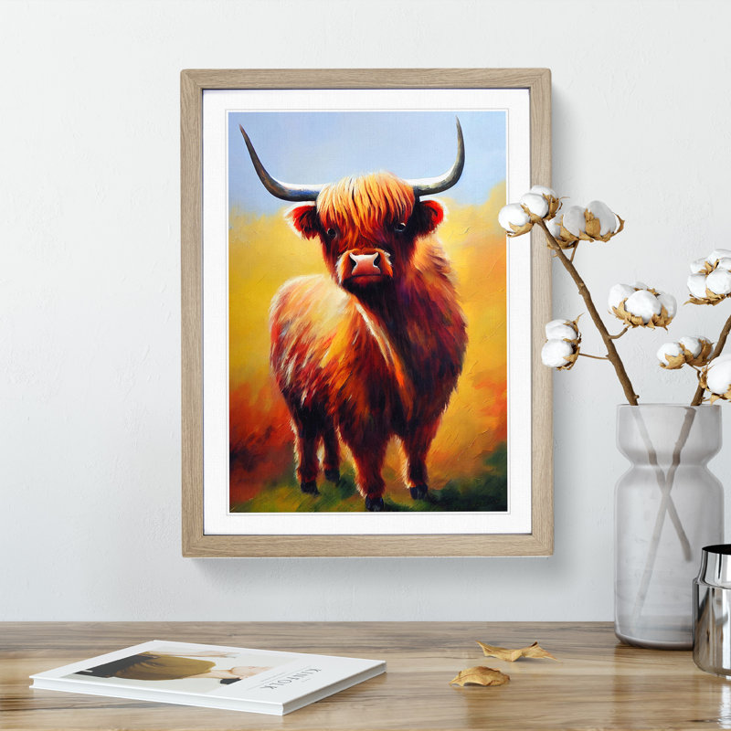 Resplendent Highland Cow - Wall Art, 36cm H x 27cm W, Oak Framed, White