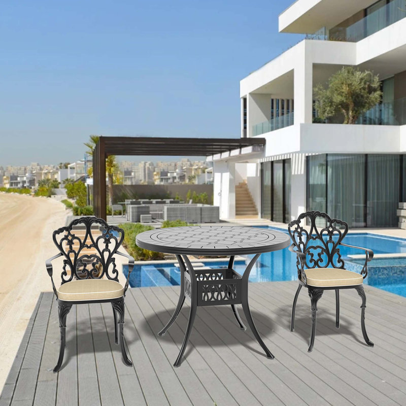 3-Piece Set Of Cast Aluminum Patio Furniture With Beige Cushions