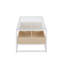 Table basse contemporaine en métal blanc, bois naturel et verre transparent