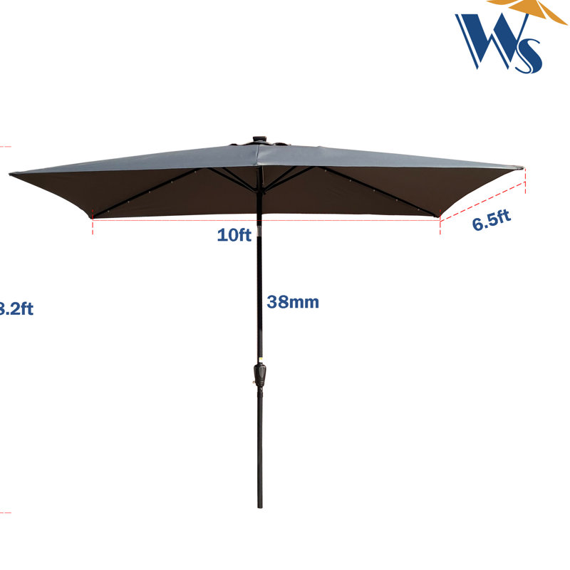 Parasol rectangulaire lumineux à DEL solaires - 3 x 2 m. Toile protégée, manivelle et inclinaison faciles. Parfait pour le jardin, la terrasse et la piscine. Poteau noir, imperméable et facile à installer.