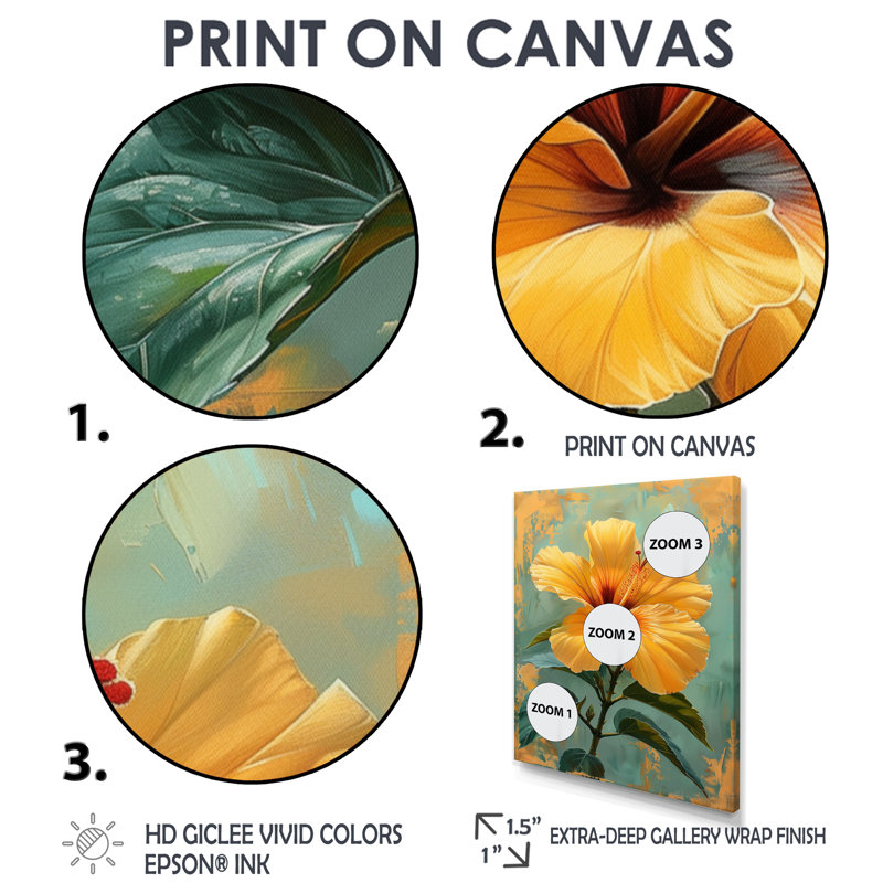 Hibiscus rétro - impression d'art mural bleu et jaune, Toile tendue, H 16 po x l 32 po