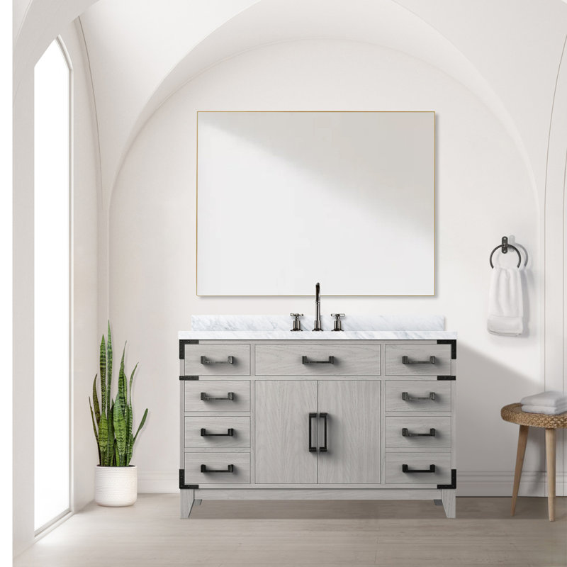 Meuble-lavabo simple en chêne blanc 48 po X P 22 po D, comptoir en marbre de Carrare, ensemble de robinet et Miroir