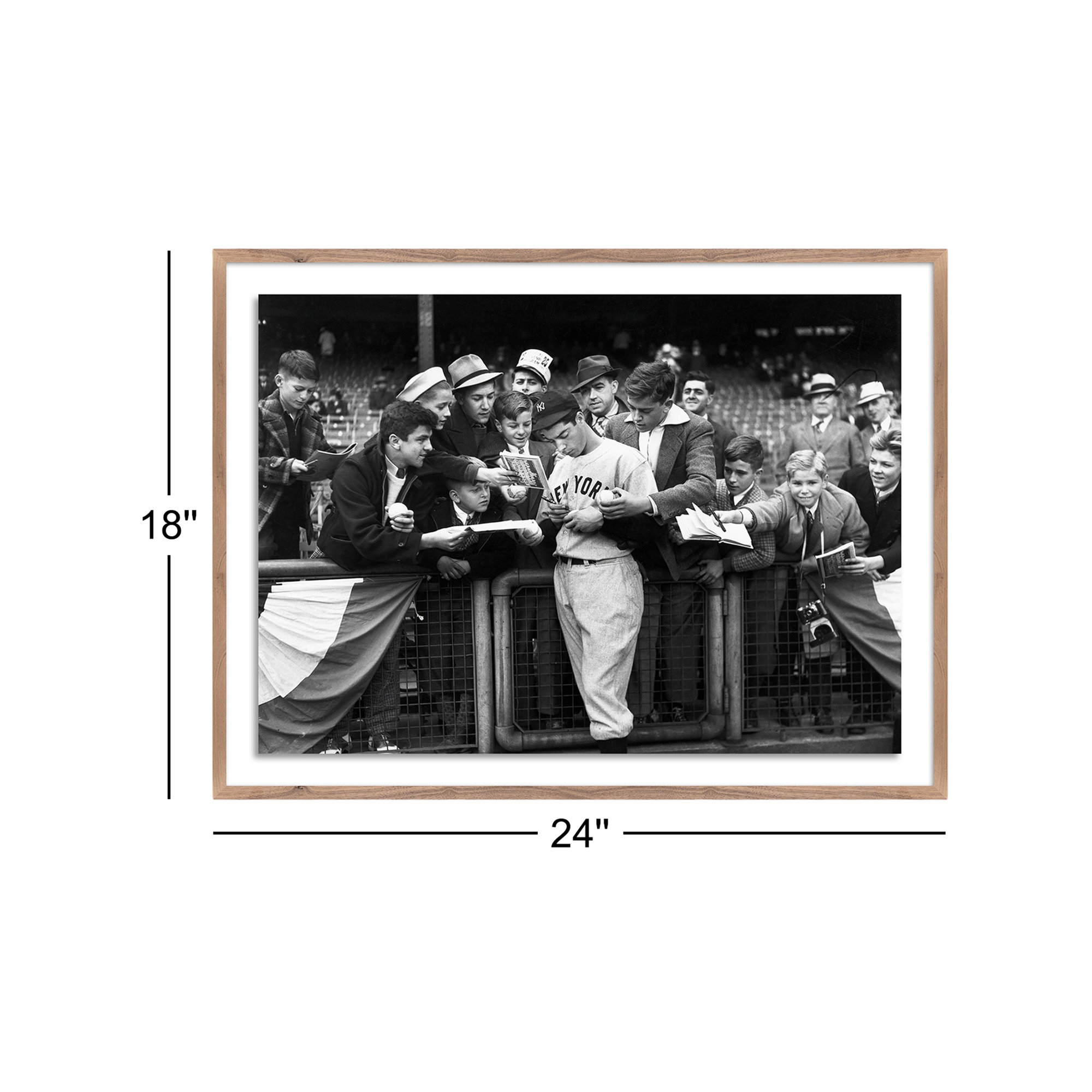 Joe DiMaggio Signing Autotgraphs For Fans by Getty Images, 18" H x 24" W, Rustic Walnut Framed