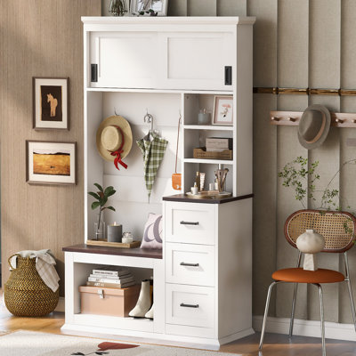 Arbre d'entrée de 40,2 po de largeur avec banc de rangement, portemanteau, 3 crochets, tablettes et tiroirs pour le vestibule et le salon