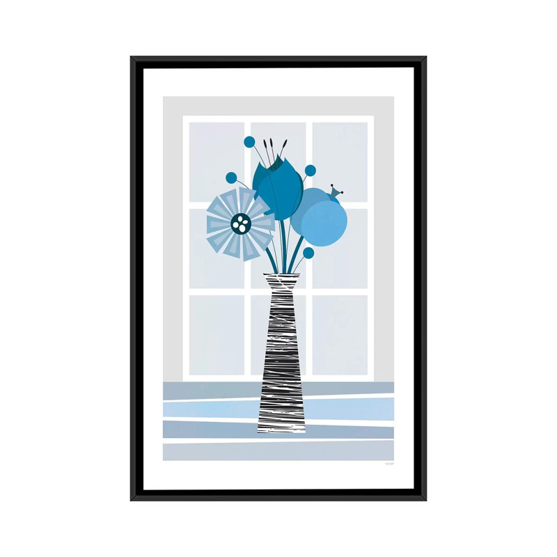 « fleurs (blue) », impression sur toile, H 26 po x l 18 po x P 1,5 po, Toile avec cadre noir, Pas de tapis