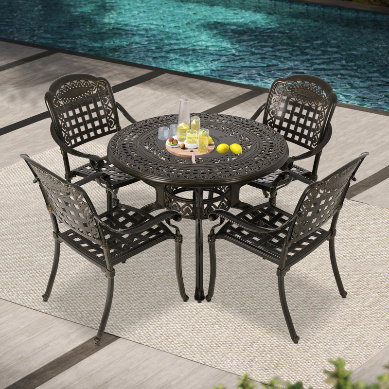 40-inch Outdoor Dining Table, Cast Aluminum Patio Furniture Table, Round Table With 2” Umbrella Hole, All-weather Resistant Outdoor Dining Furniture For Backyard Lawn Balcony Deck, Bronze