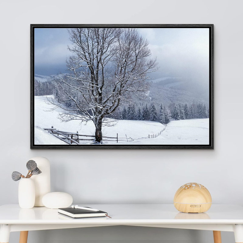 Beautiful Winter Landscape with Snow Covered Trees, 24" H x 36" W, Black Floater Framed
