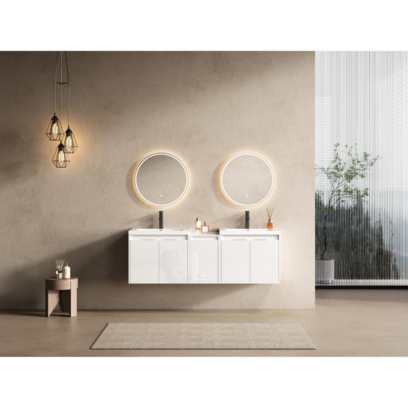 Meuble-lavabo de 60 po avec lavabo en résine, portes à fermeture en douceur, 1 armoire latérale, fixation à flotteur, blanc brillant. Contreplaqué pour l'organisation contreplaqué blanc. Rangement moderne
