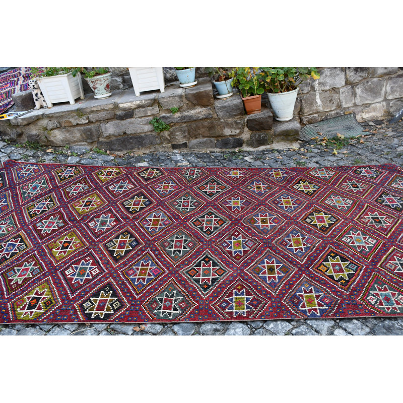 Tapis kilim turc rétro tissé à la main avec motif d'étoiles géométriques rouges pour le salon / rouge / arc-en-ciel