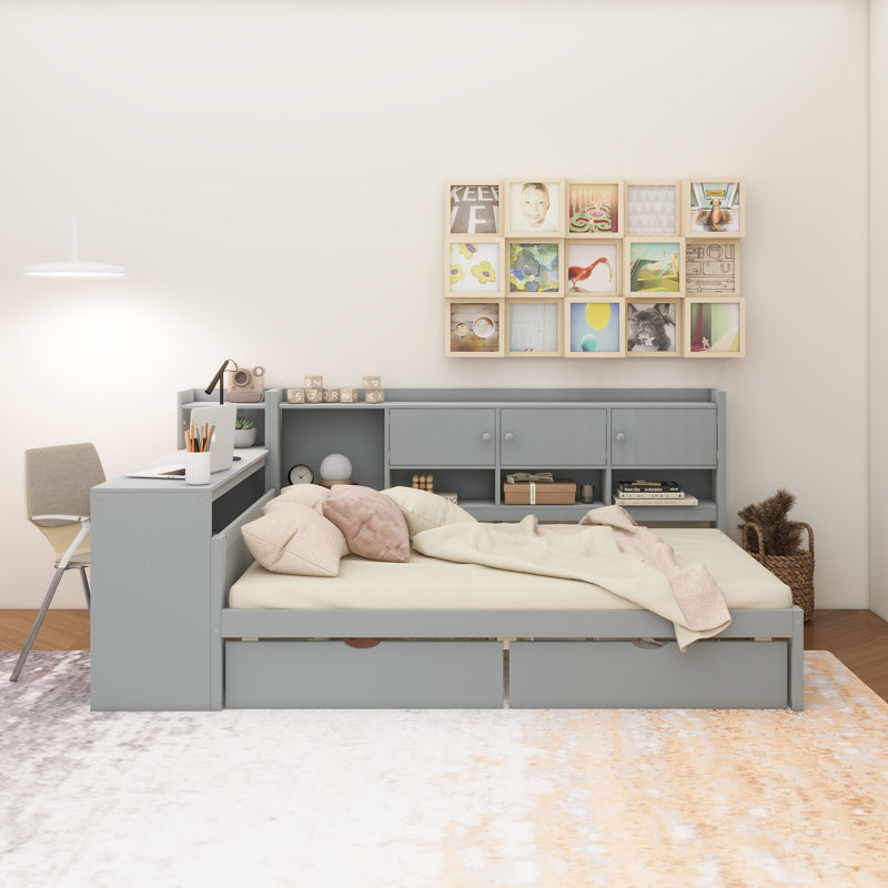 Wooden L-Shape Daybed With Seven Storage Cabinets And Two Storage Drawers, Multi-Functional Bed With Study Desk And Built-In Bookshelf