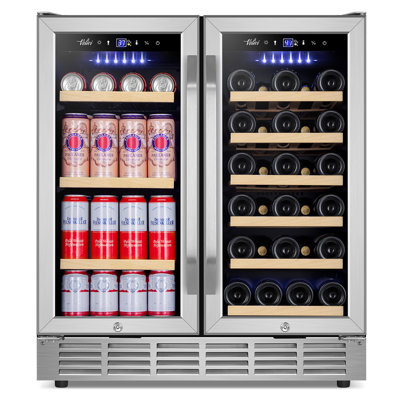 30 Inch Dual Zone Wine and Beverage Refrigerator with LED Lighting, Adjustable Shelves, and Safety Door Locks - Holds 29 Bottles & 110 Cans, Freestanding or Built-In