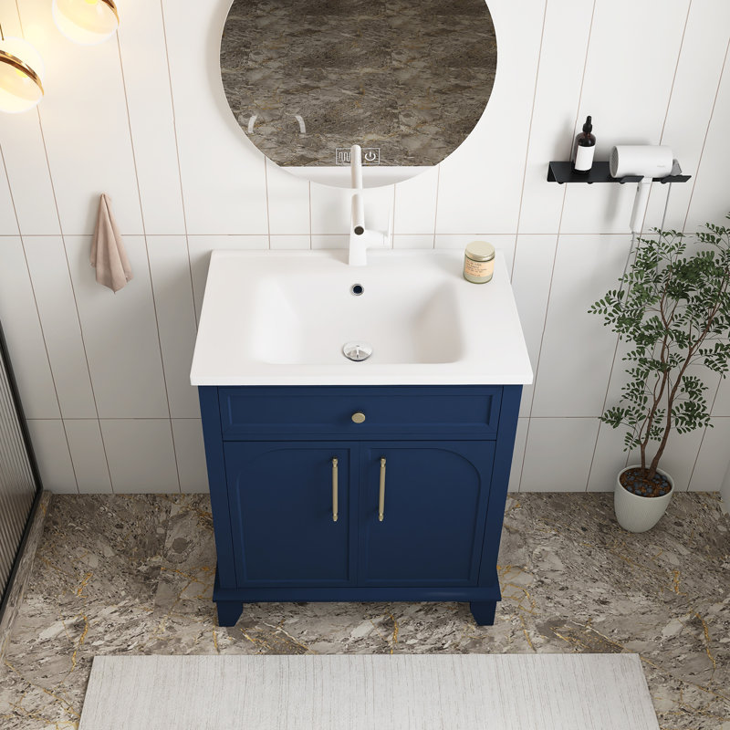 Ensemble de meuble-lavabo moderne avec surface peinte, meuble-lavabo autoportant avec rangement, meuble-lavabo haut de gamme avec poignées en métal, bleu