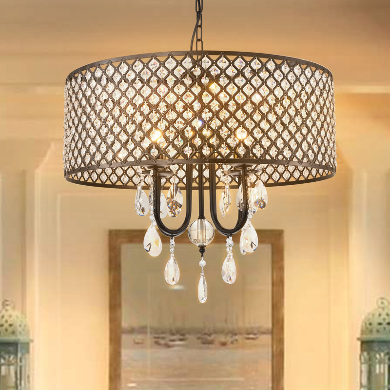 Lustre tambour 4 lumières à intensité variable noir avec détails en cristal