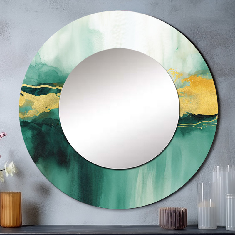 Grand miroir rond bleu avec aquarelle bleue IV - Fractals, 36 po x 36 po