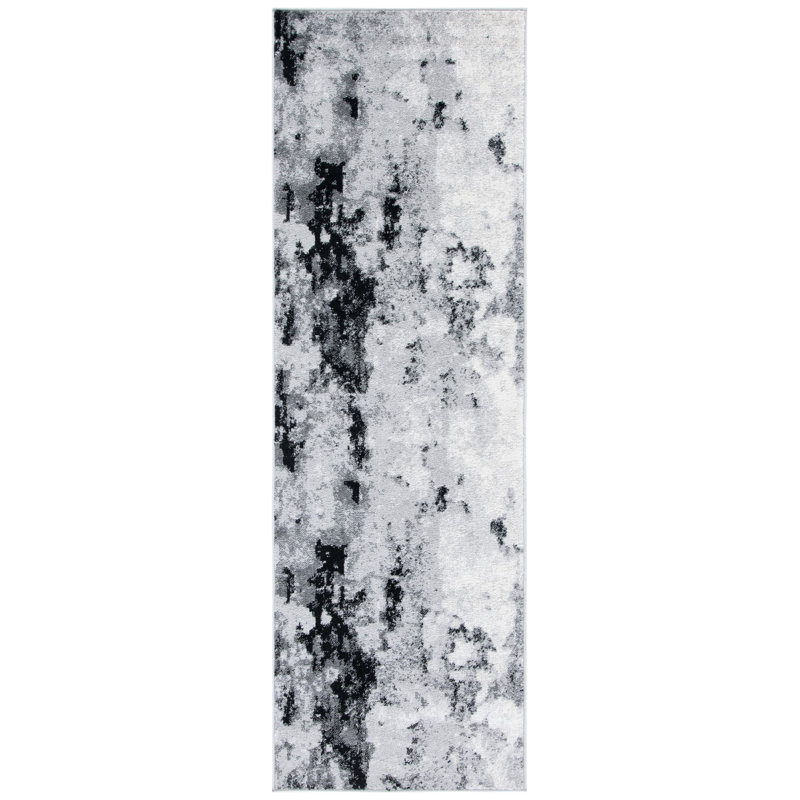 Tapis gris / noir en polypropylène tissé à la machine à motif abstrait Leonaldo, Tapis de couloir 2 pi 6 po x 6 pi