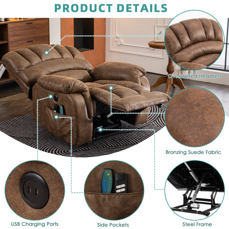 Fauteuil de massage inclinable électrique chauffant Hawking, Microfibre/microsuède brun