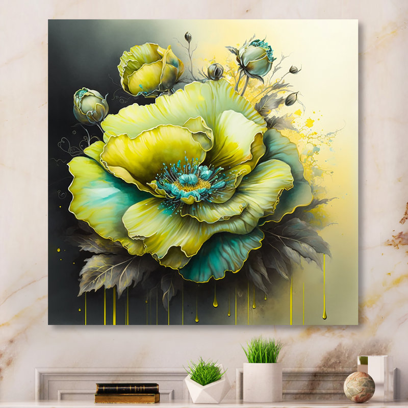 Fleur verte I - peinture sur toile, H 16 po x l 16 po x P 1 po, Toile tendue