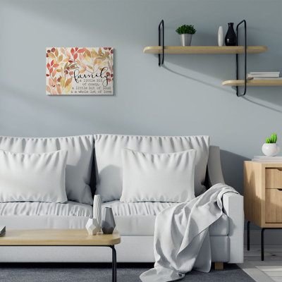 «Love Family Home Inspirational Word Leaves Design», reproduction d'art textuel sur toile
