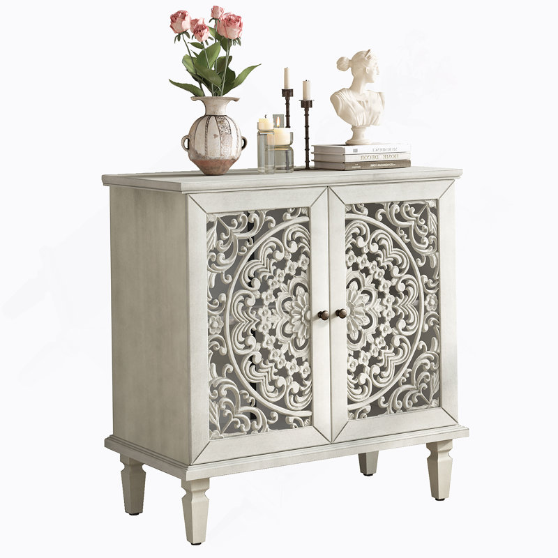 Accent Cabinet, 2-Door Display Storage Cabinet, Sideboard With Adjustable Shelf And Solid Wood Legs, White