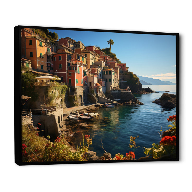 «Teal Italy Cinque Terre I», reproduction sur toile, 34" H x 44" W, Cadre flottant noir