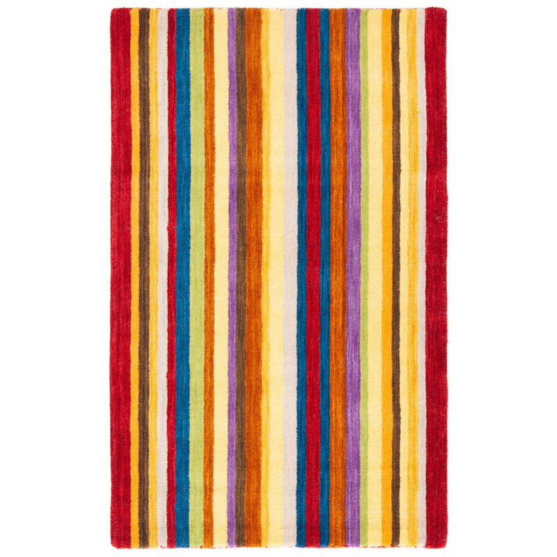Tapis jaune en laine rayé fait à la main Frann, Rectangle 5 pi x 8 pi