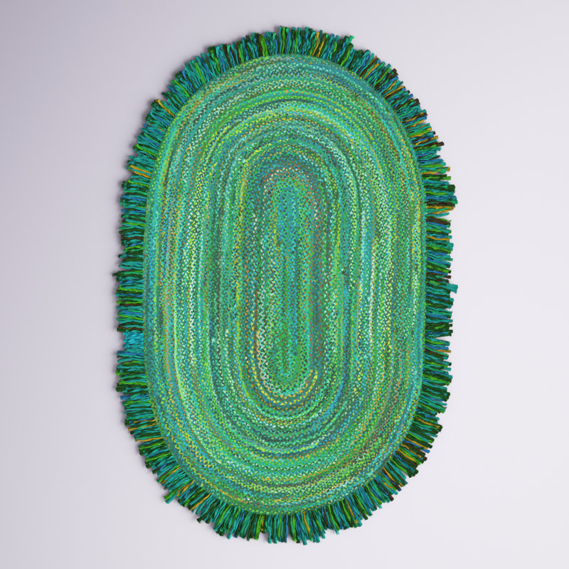 Tapis de couleur unie en coton tissé à la main en vert Kellems, Ovale 4 pi x 6 pi