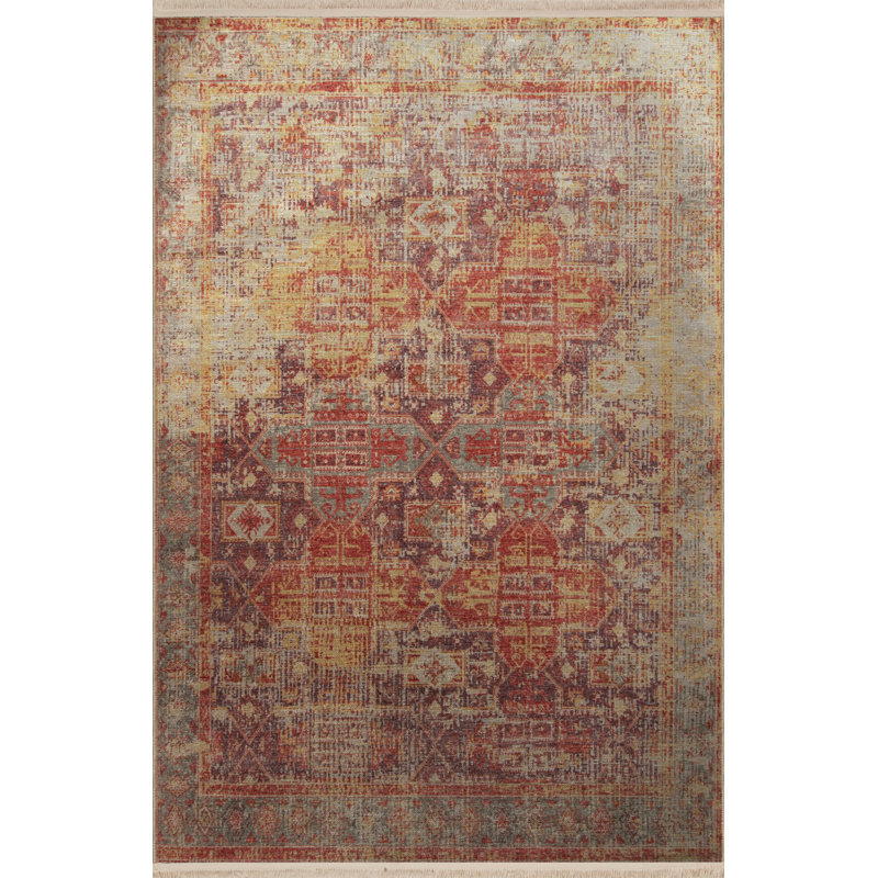 Tapis décoratif rouge à motif géométrique multicolore, Tapis de couloir 3 pi 3,37 po x 9 pi 10,11 po