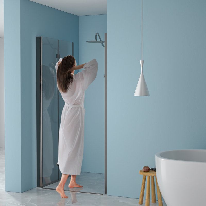 Porte de douche pliante sans cadre avec verre trempé l 32 po x H 72 po, Noir mat