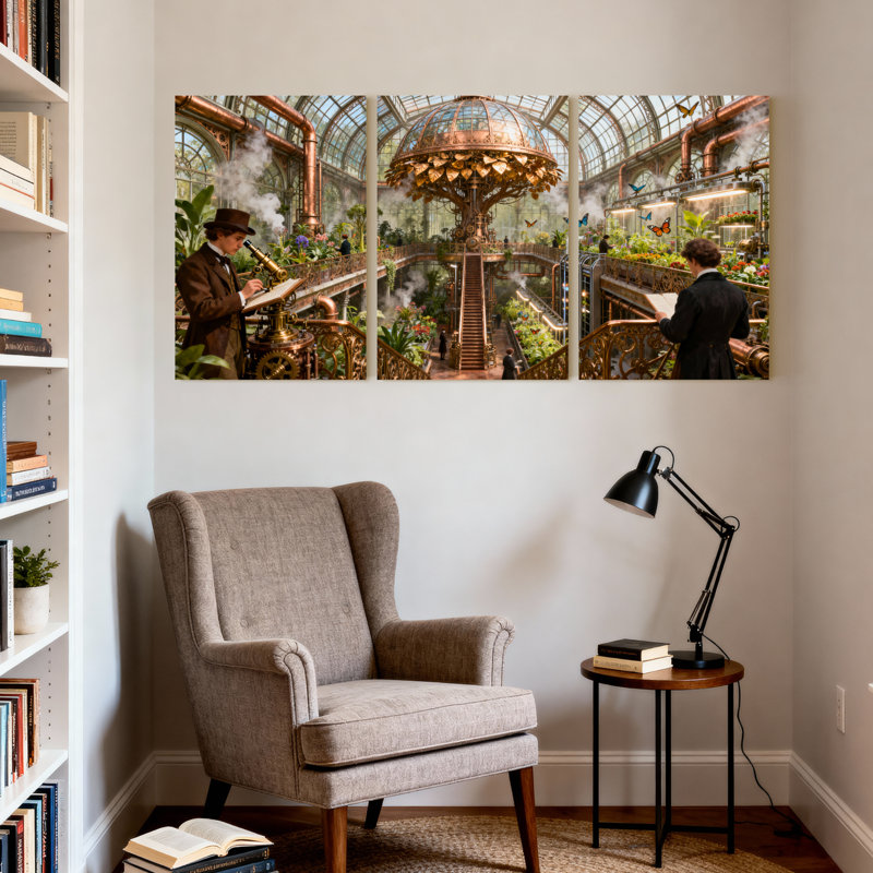 Ensemble de 3 impressions sur toile fantaisie et science-fiction Steampunk avec horloge et botanique, H 24 po x l 48 po