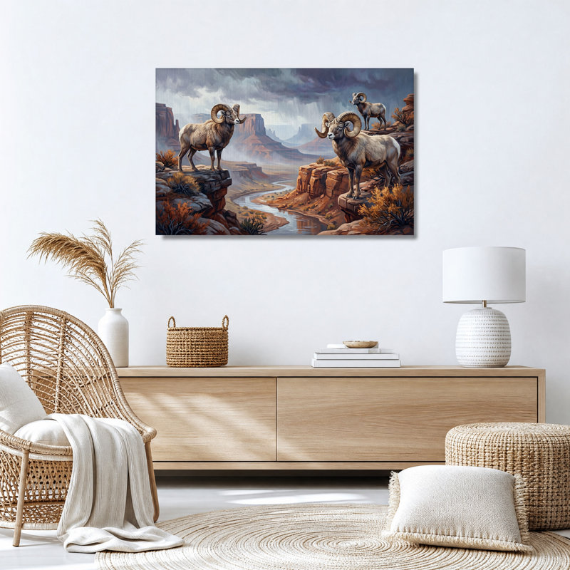Mouflon d'Amérique sur des falaises de roche rouge dans un canyon - Tableau sur toile, H 16 po x l 24 po