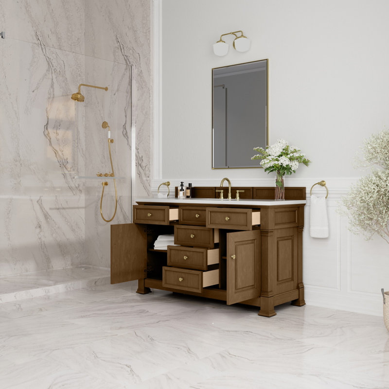Brookfield Single Vanity, Widespread, Honey Oak, White Zeus