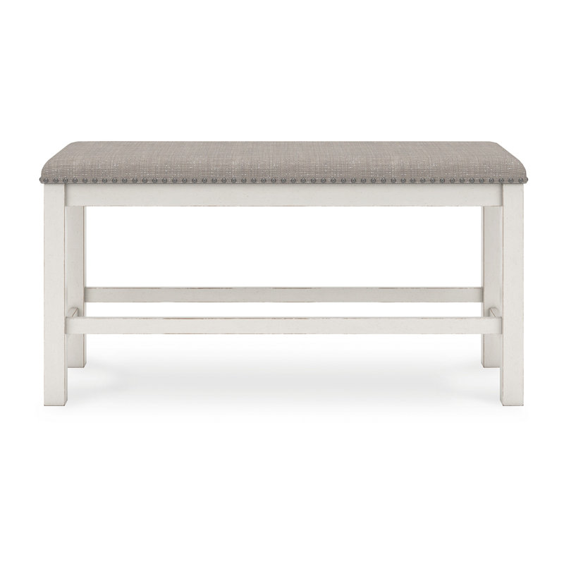 Lea Counter Height Dining Bench, Classic White Wood, Grey Polyester