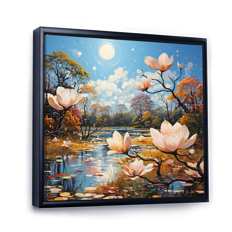 Motif de pointillisme blanc Pcoral Magnolias - blanc, H 24 po x l 24 po x P 1 po, Cadre flottant noir