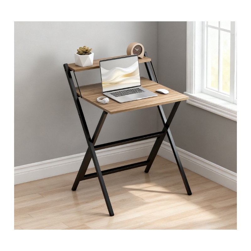 Folding Computer Desk,  With Monitor Shelf For Small Space, Home Office, Study, Walnut