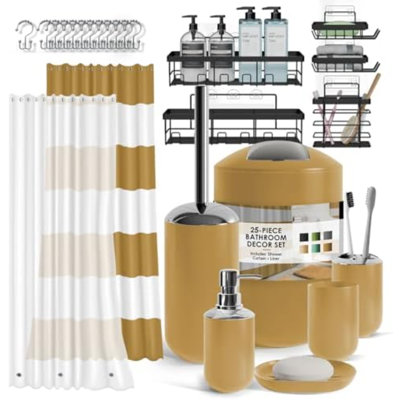 Bathroom Accessories Set - Bathroom Set With Adhesive Corner Shower Caddy Hanging, 25PC Bathroom Accessory Set, Gold Shower Curtain Set, Toilet Brush, Trash Can & Soap Dispenser