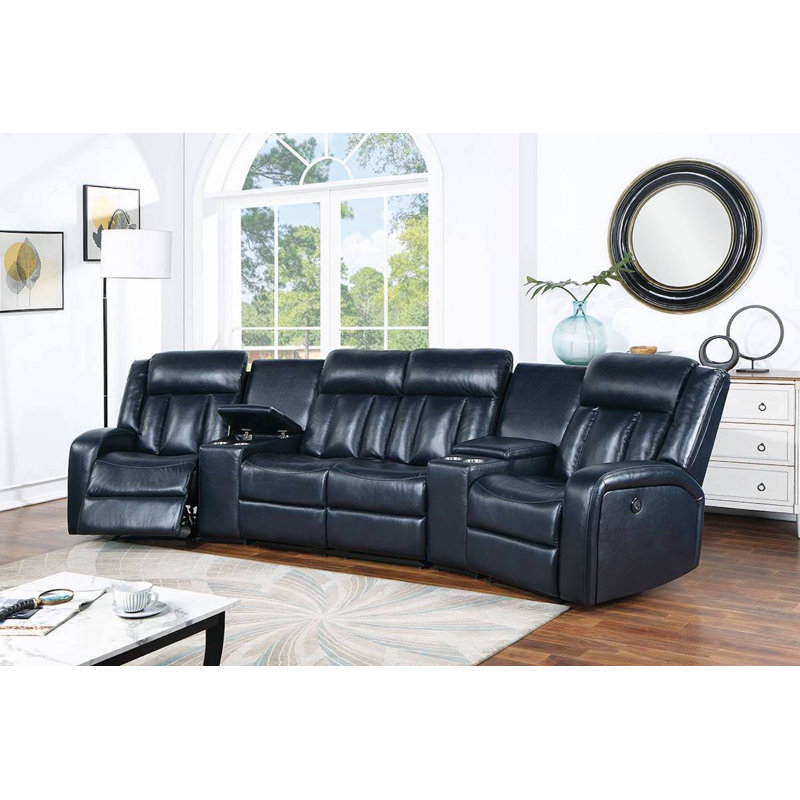 Tendria 138'' Faux Leather Reclining Sofa, Navy Black Faux Leather