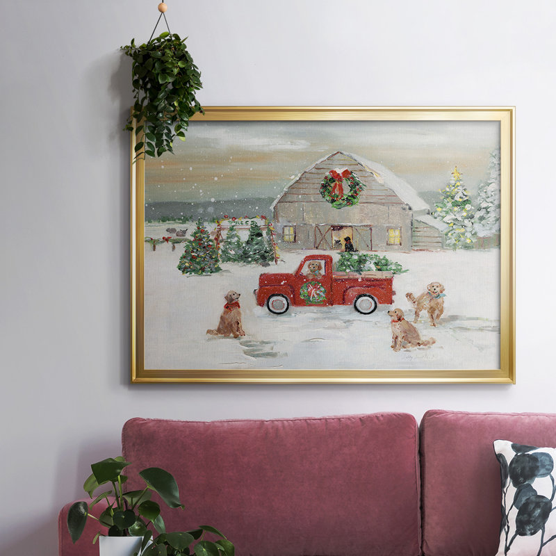 Noël à la ferme, H 18 po x l 26 po x P 1,5 po, Toile avec cadre flottant or