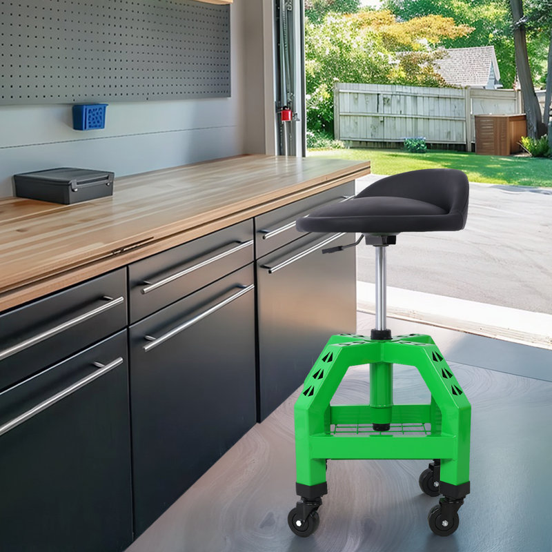 Tabouret pneumatique avec roulettes, siège de mécanisme de roulement réglable avec grille métallique, Vert