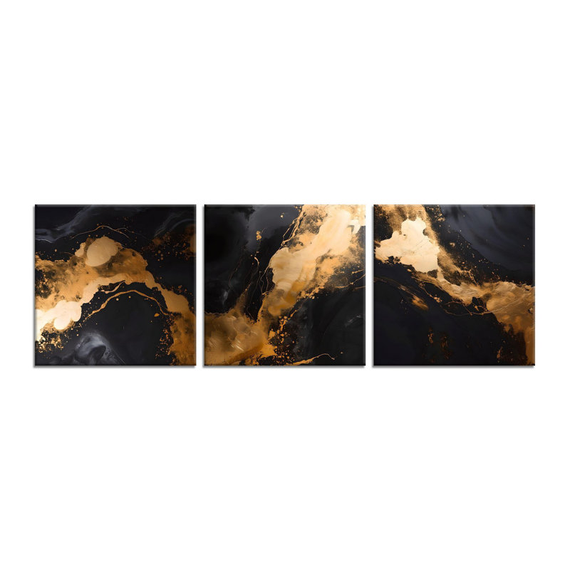 Elegant Decorative Canvas Painting Set (3 Pieces), Gold & Black, 11.8 x 11.8 inches Each | 50% Cotton / 50% Polyester with 100% Wooden Frames (Thickness: 0.8 inches) | Stunning Wall Art for Modern Home Décor