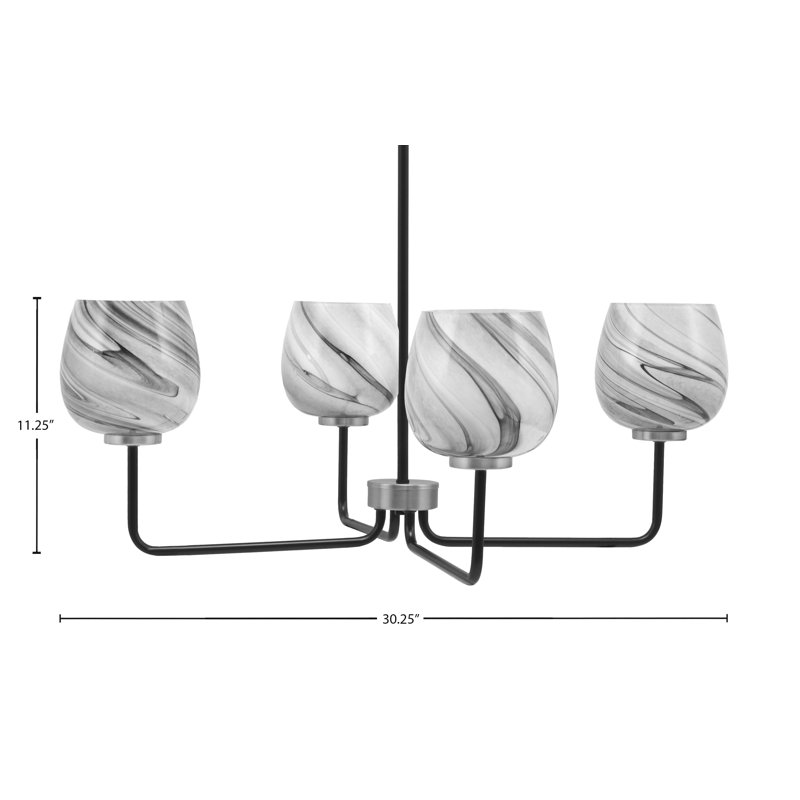 Amarmula 4 Light Chandelier, Matte Black & Graphite Finish, 6" Onyx Swirl Glass, Black/Nickel