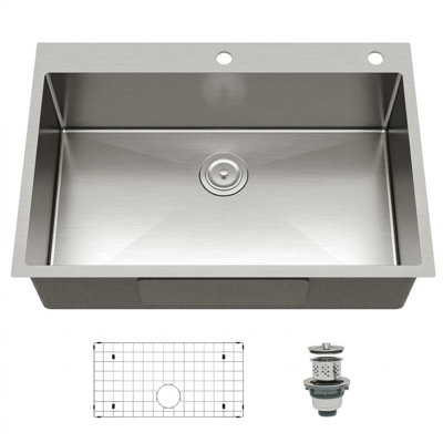 33 Inch Large Capacity Undermount Workstation Kitchen Sink 16 Gauge T-304 Stainless Steel Single Bowl Basin with Integrated Ledge Bottom Grid & Strainer Modern Design for Bar & Utility Spaces