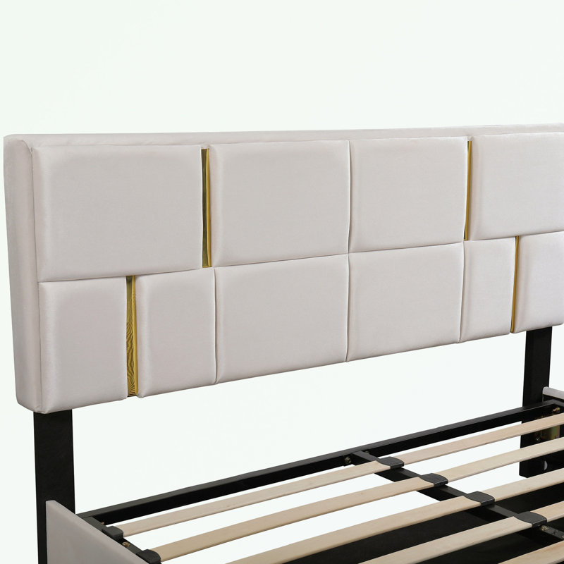 Ensemble de chambre à coucher 2 pièces avec lit grand et repose-pieds avec pieds en métal, Beige