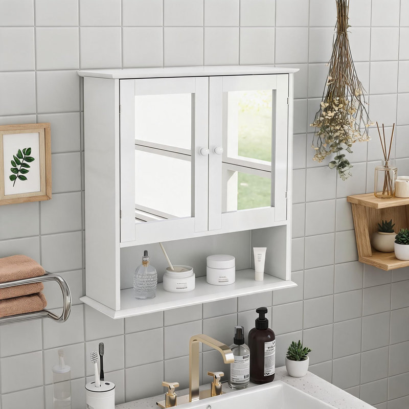 Armoire de salle de bain murale blanche, porte de miroir avec tablettes intérieures