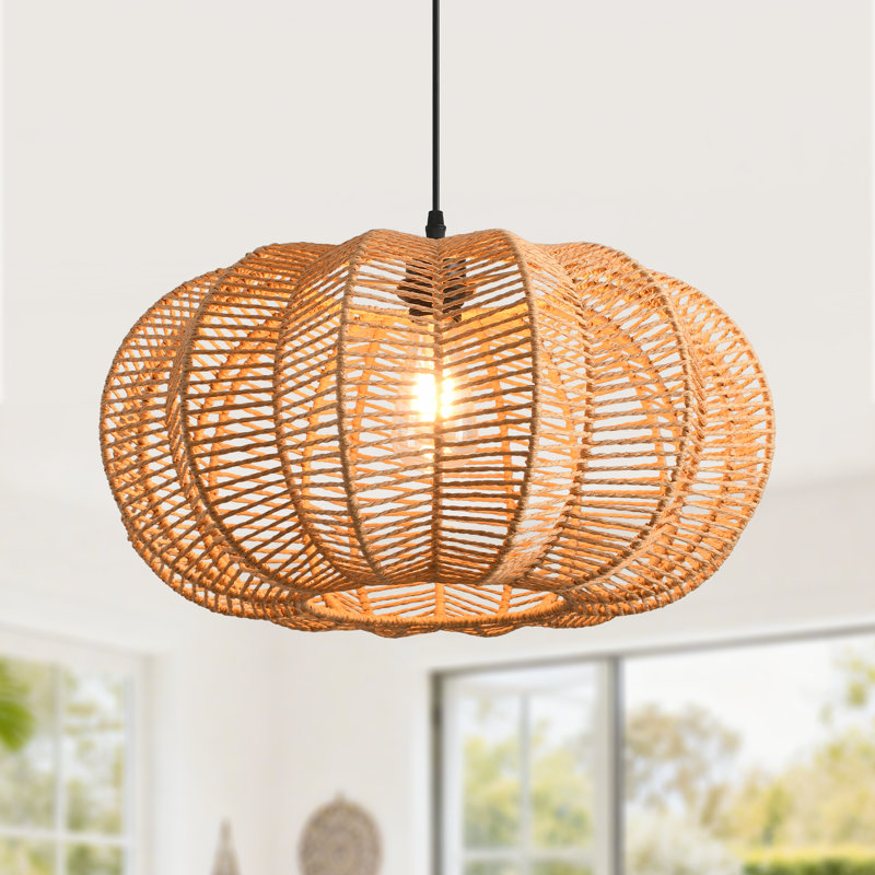 Paper Rope Pendant Light, Natural Rope Shade, Iron Frame, Adjustable Height, E27 Socket, 50 Cm Diameter, For Boho Living Room Dining Area (Bulb Not Included)