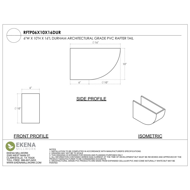 6"W x 10"H x 16"L Standard Durham Architectural Grade PVC Rafter Tail, 10"H x 6"W x 16"D