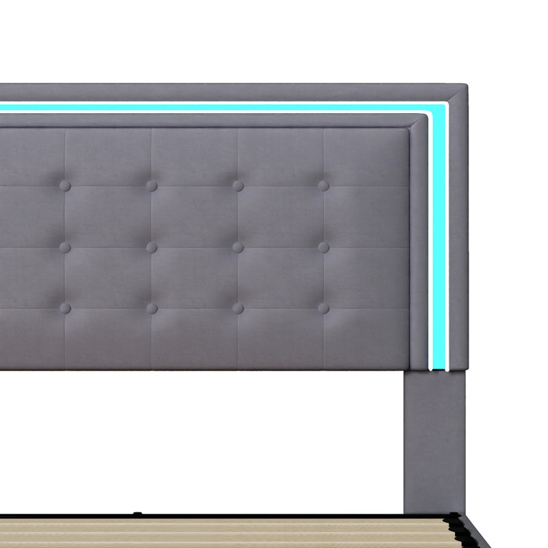 Munachi Upholstered Panel Bed Frame with Headboard Adjustable, Platform Bed Frame with LED Lights Headboard & 4 Drawers, Easy Assembly, No Box Spring Needed