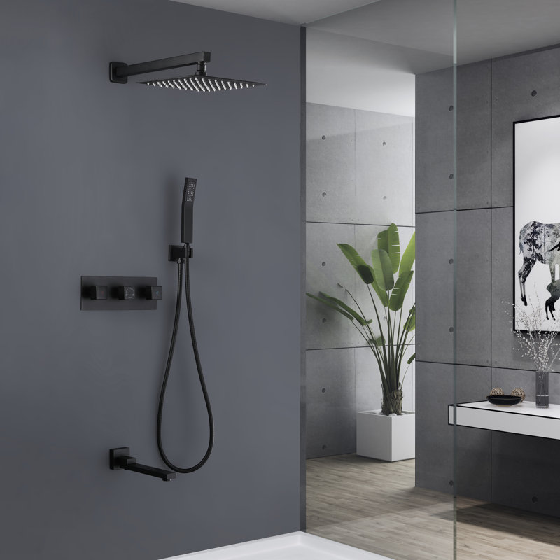 Système de douche complet à contrôle de température à 3 fonctions avec valve brute, Noir mat